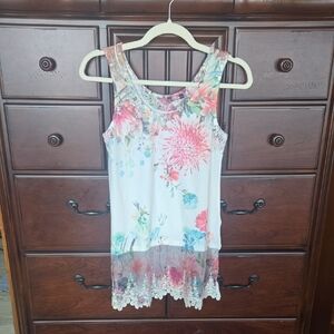 Origami, Floral Sleeveless Top with Lace Hem, Sz. S